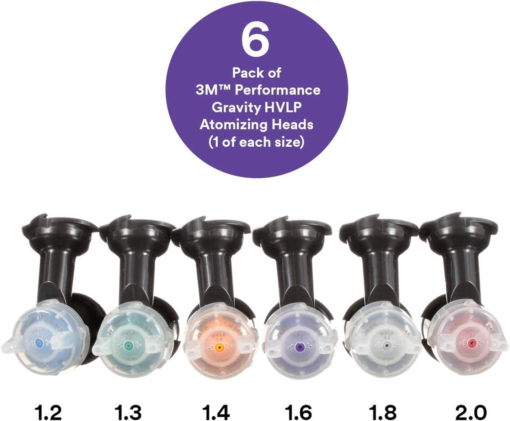 3M Performance Gravity HVLP Atomizing Head Variety Kit, 26730, Sizes 1.2, 1.3, 1.4, 1.6, 1.8, 2.0, for use Performance Spray Gun PPS 2.0 Paint Cups, Pack of 6, Black