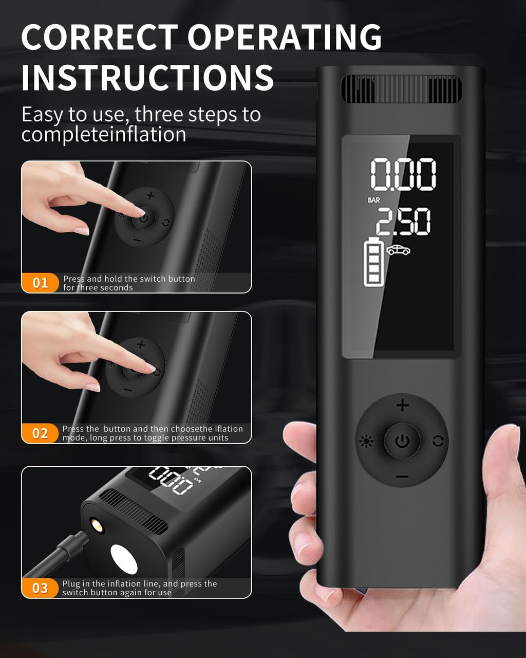 Tire Inflator Portable Air Compressor - 150PSI 4x Faster Portable Tire Inflator for Car - Air Pump For Car Tires with Digital Pressure - Auto Shut-off Smart Air Pump Suitable SUV, Bike Moto and More