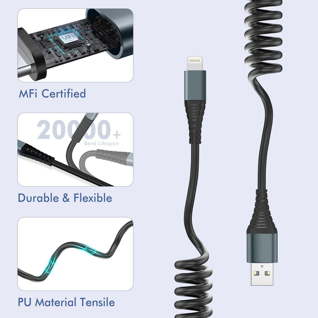 Coiled Lightning Cable 6FT,2 Pack MFi Certified Retractable iPhone Car Charger Cord,Apple CarPlay Cable Compatible with iPhone 14/13/12/11 Pro Max/XS Max/XR/X/8/7/iPad