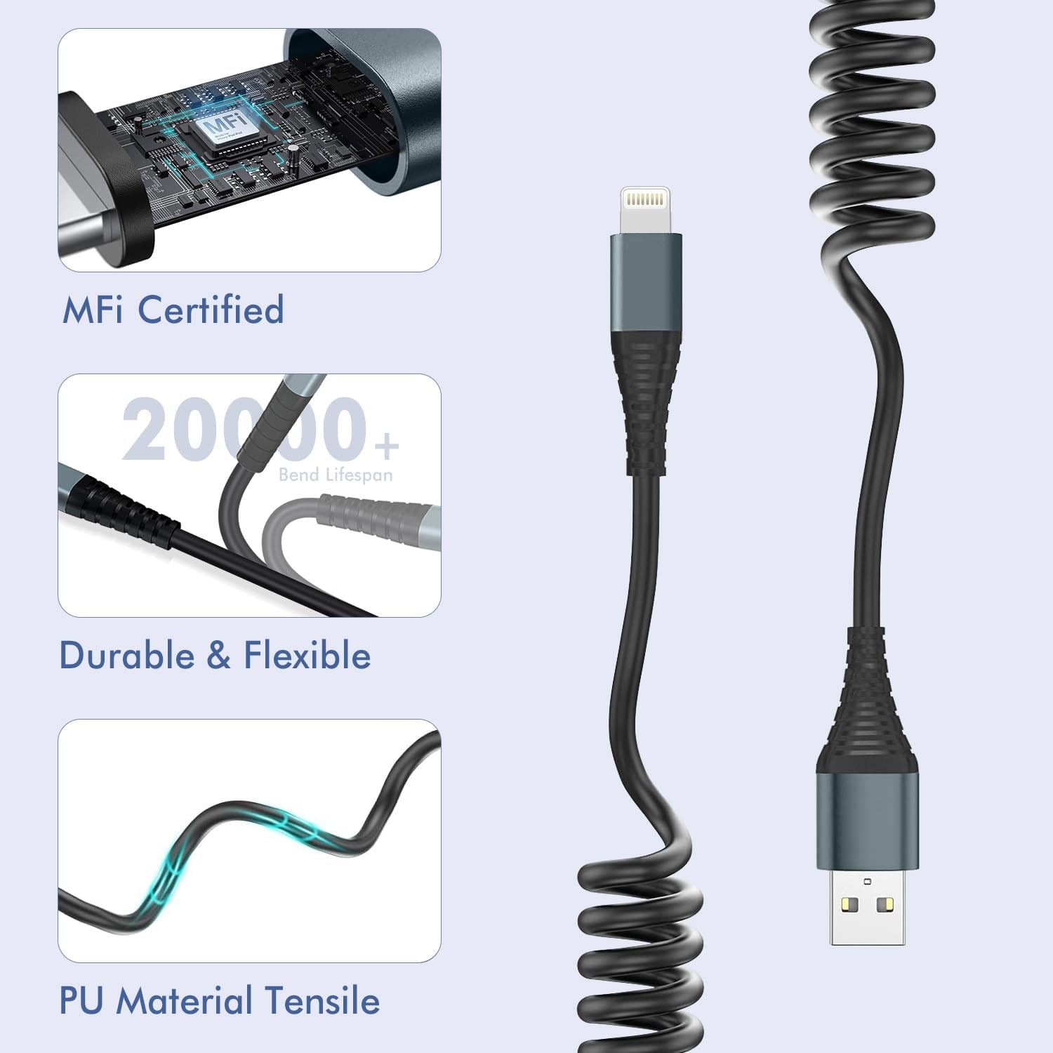 Coiled Lightning Cable 6FT,2 Pack MFi Certified Retractable iPhone Car Charger Cord,Apple CarPlay Cable Compatible with iPhone 14/13/12/11 Pro Max/XS Max/XR/X/8/7/iPad