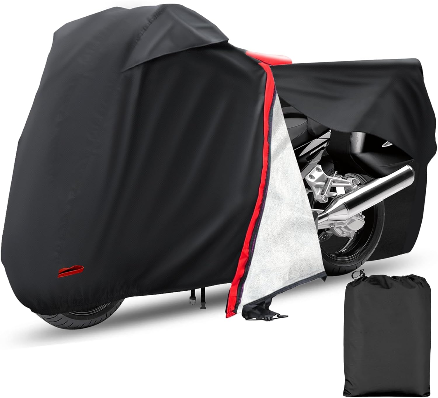 Motorcycle Cover,Waterproof Zipper Outdoor Cover for All Seasons Windproof, High Heat Resistance Dustproof and Rainproof Snowproof(Red Zipper XXXL Fits Up to 116 inch)