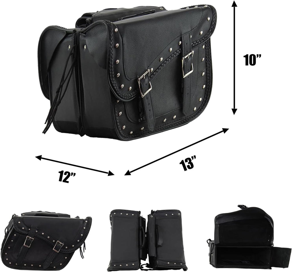 Synthetic Leather Motorcycle Luggage Bag - Waterproof Throw Over Saddlebags For Motorcycles - Softails, Sportsters, Choppers, Dyna, V-star, Shadow (With Studs, Black, 13'x13'x10')