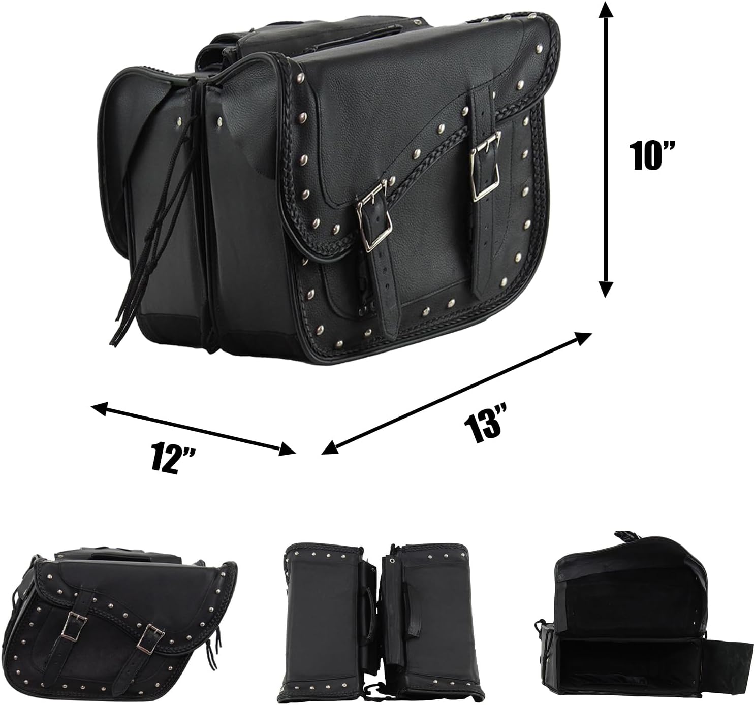 Synthetic Leather Motorcycle Luggage Bag - Waterproof Throw Over Saddlebags For Motorcycles - Softails, Sportsters, Choppers, Dyna, V-star, Shadow (With Studs, Black, 13'x13'x10')