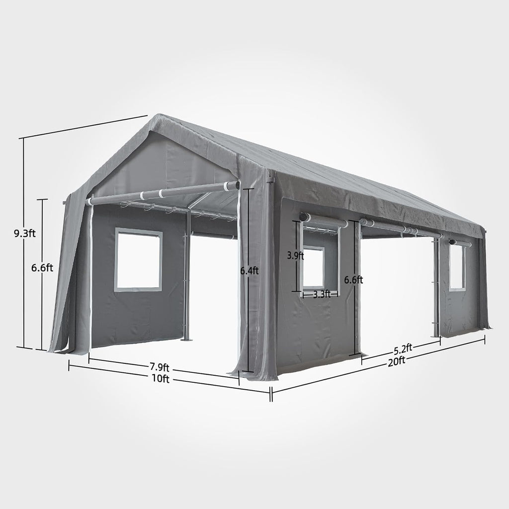 10x20ft Heavy Duty Carport Outdoor Canopy Portable Garage with 4 Doors & 4 Windows Waterproof UV Resistant Storage Shelter with Removable Sidewalls for Car Truck Boat, Gray
