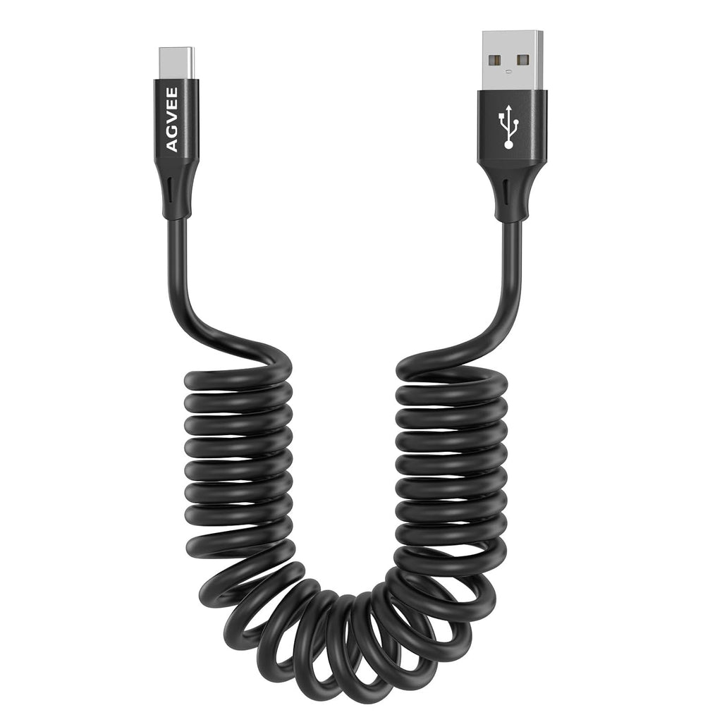 AGVEE 2 Pack 3ft Coiled Short USB to USB-C Charging Cable [USB-IF Certified] 3A Fast Charger Cord in Car for iPhone 16/15 CarPlay, Galaxy S25 S24 S23 S22 S21 S10 S9 S8, Google Pixel, Black
