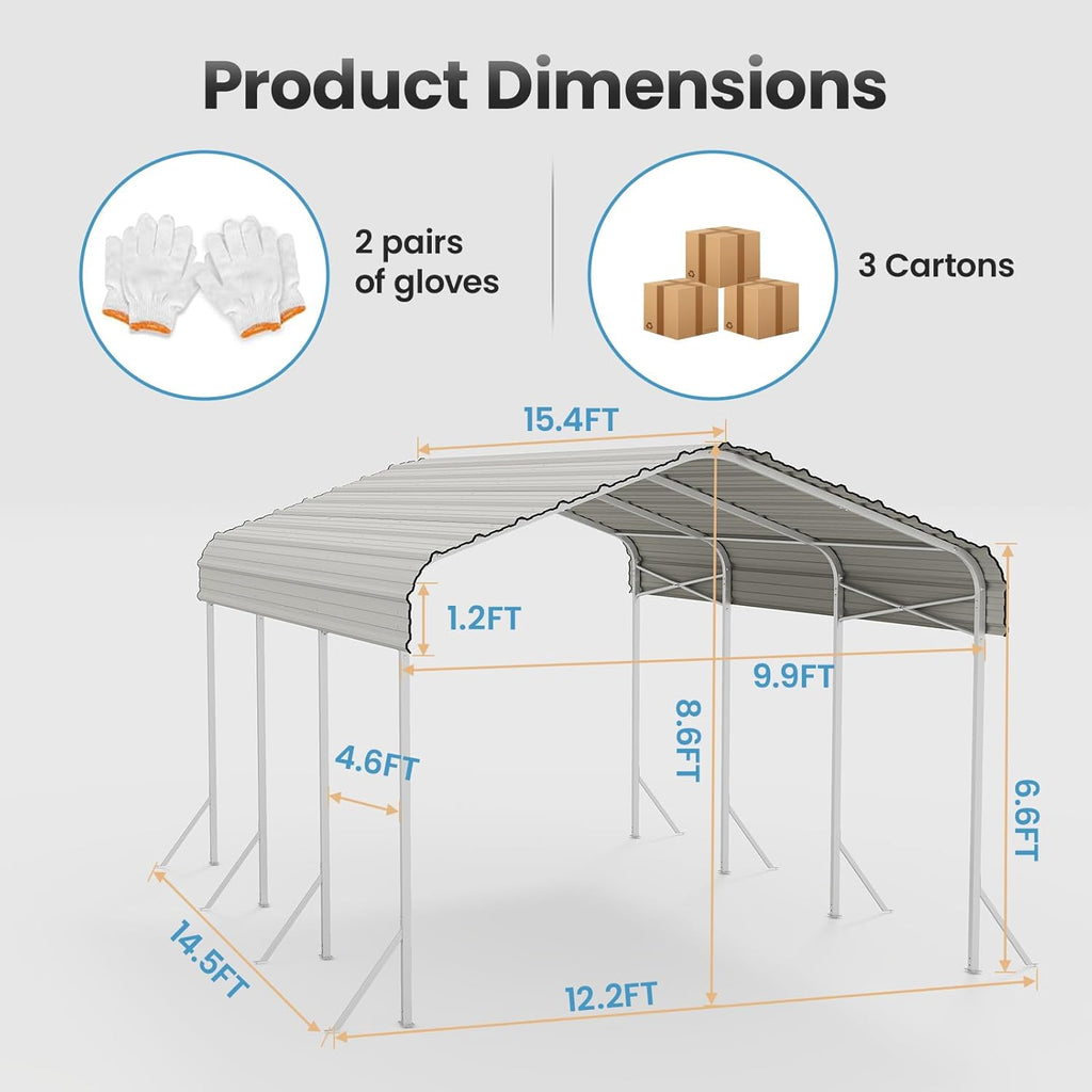 10x15' Heavy Duty Metal Carport – Sturdy Structure, All-Weather Protection, Easy Assembly for Cars, Trucks, Boats, Tractors, and Outdoor Storage (White, 10x15FT)