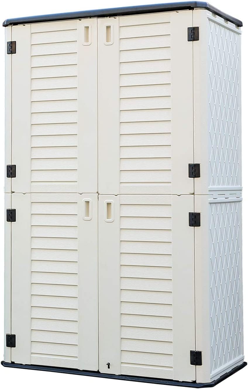 HOMSPARK Storage Shed Weather Resistance, Multi-Purpose Outdoor Storage Cabinet for Backyards and Patios, Horizontal Storage Shed for Lawnmower, Patio Accessories (White, Tall - 53 cu.ft)