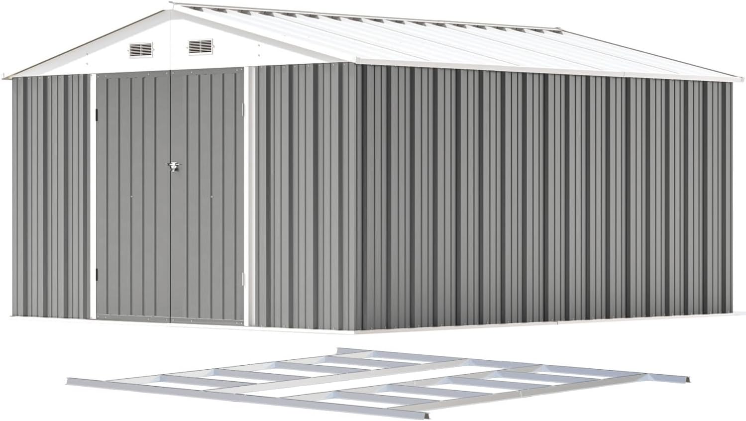 Patiowell 10 x 12 FT Metal Storage Shed for Outdoor with Floor Frame, Steel Yard Shed with Design of Lockable Doors, Utility and Tool Storage for Garden, Backyard, Patio, Outside use, Grey