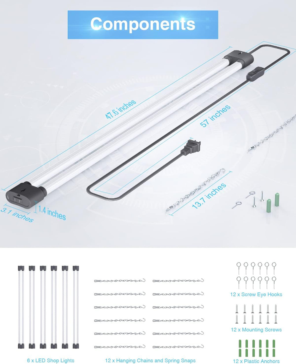 Ensenior 6 Pack Linkable Led Shop Light 4ft for Garage, 4400 High Lumens, 36W Equivalent 280W, 5000K Daylight, 48 Inch Utility Shop led Lights, Surface or Hanging Mount Fixtures, Black, ETL Certified