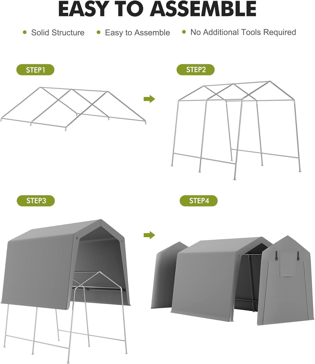 7 x 10 ft Carport Storage Shed, Portable Garage with Roll-up Zipper Door, Heavy Duty Waterproof Tarp, Storage for Motorcycle, Bike, Firewood, Garden Tools