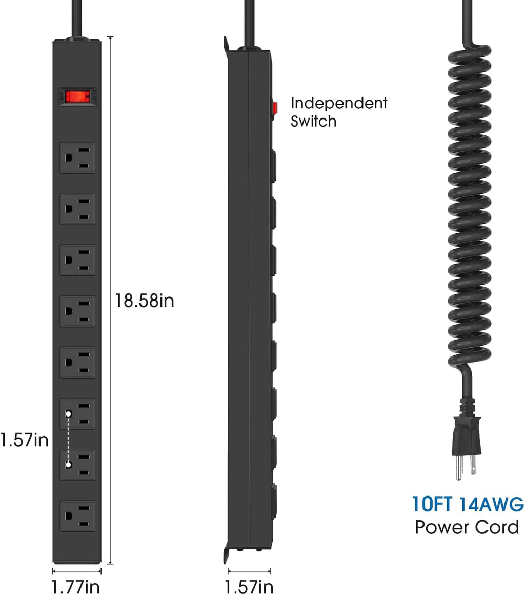 2Pack 8 Outlet Metal Wall Mount Power Strip, Mountable Outlet with Switch, Heavy Duty Wide Spaced Surge Protector, 10 FT SJT 14AWG Black Spring Cord.