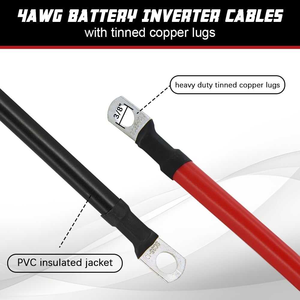 4 AWG Battery Cable 6FT 4 Gauge Pure Copper Battery Inverter Cables with 3/8 in Lugs Both Ends Power Inverter Wire Set for Automotive Solar Power Inverter Marine Boat RV Car Motorcycle (6FT)