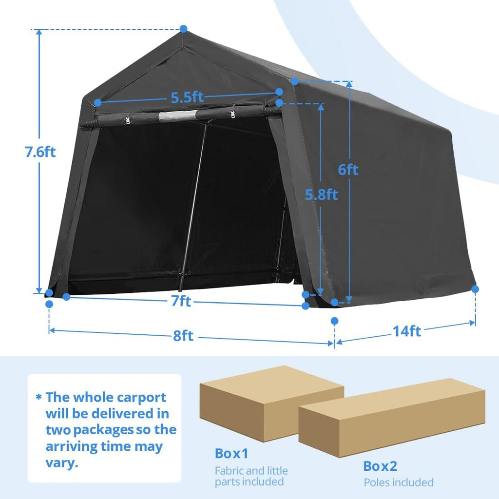 ADVANCE OUTDOOR 8X14 ft Steel Metal Peak Roof Portable Garage Shelter Storage Shed Carport for Motorcycle Bike or Garden Tools with 2 Roll up Doors & Vents, Gray