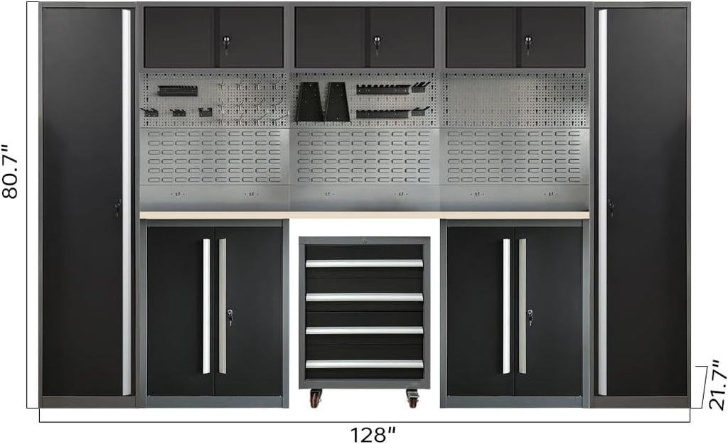 JZD Metal Garage Tool Cabinet System, Tool Organization with Wooden Worktop, for Workshop Auto Repair Shop, Black and Grey