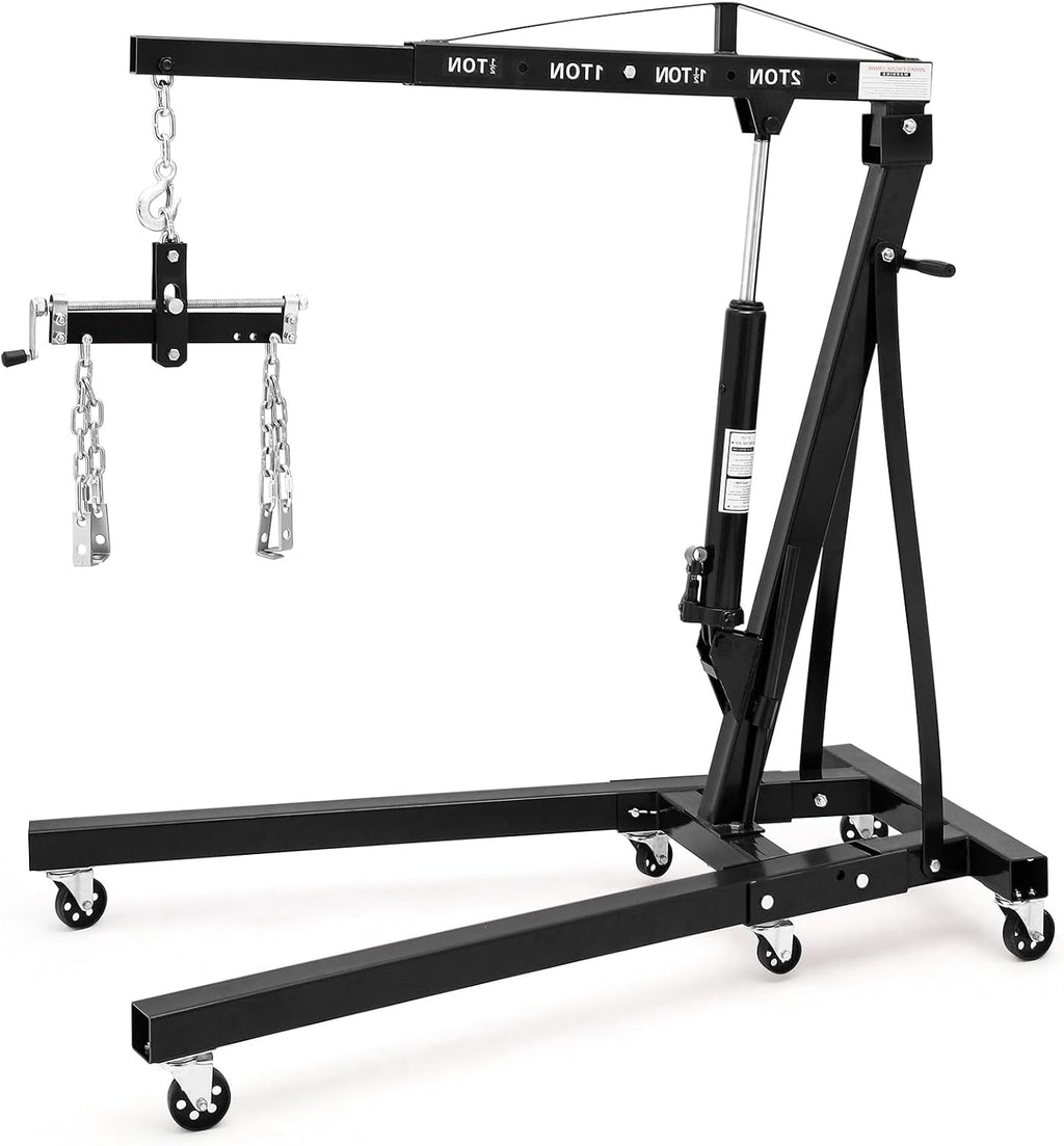 2 Ton Folding Engine Hoist with Lever, Cherry Picker Shop Crane Hoist Lift, 4400 Lbs Heavy Duty Steel Hydraulic Shop Engine Crane for Workshop and Garage, Black