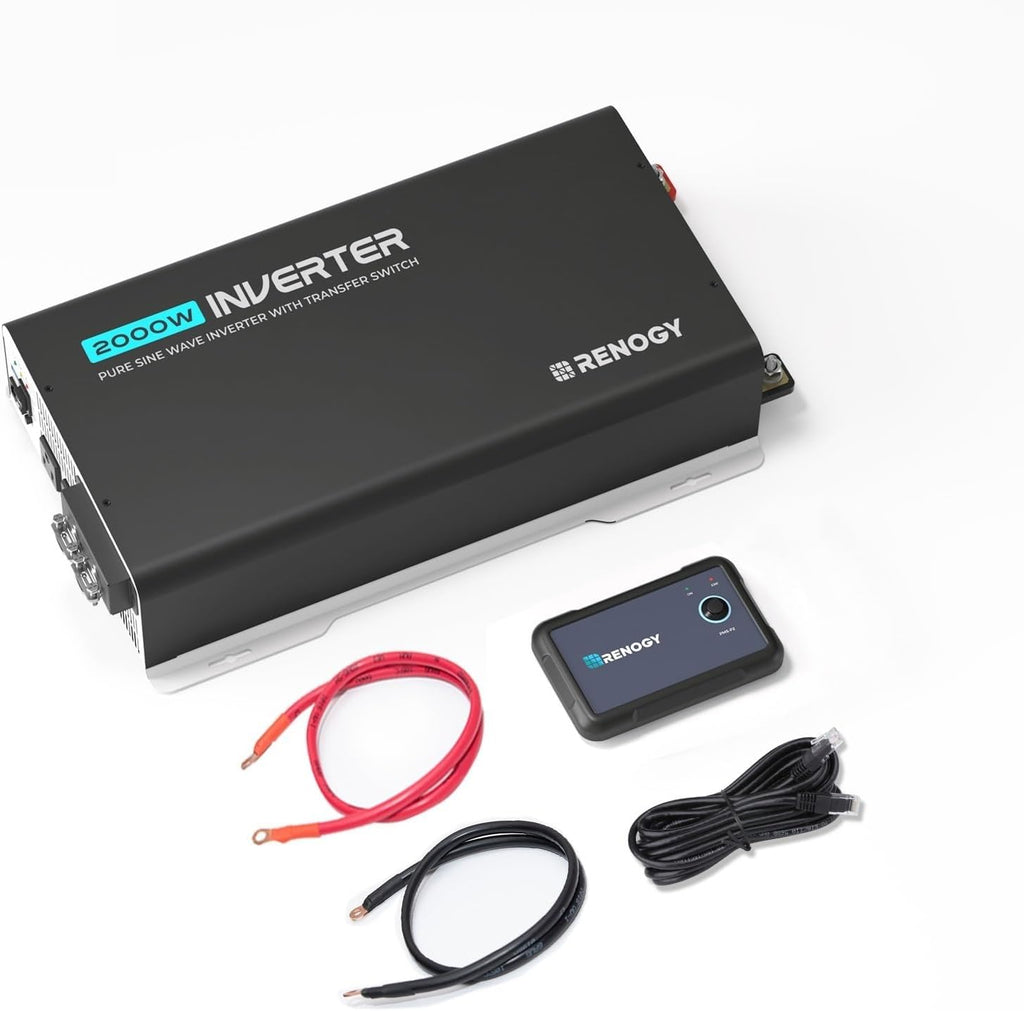 Renogy Inverter PUH 2000W, 12V to 110V Pure Sine Wave Power Inverter, Built-in Transfer Switch and Bluetooth, DC to AC Solar Converter for RV, Truck, Camping, Home, Emergency, Off-Grid Living
