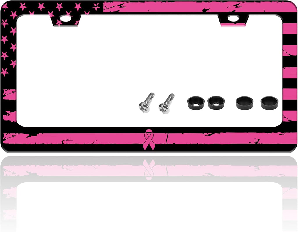 Breast Cancer Awareness Pink Ribbon License Plate Frame American Flag License Plate Holder for Front or Rear Car Tags Reusable Stainless Steel Funny Car Decoration with Screws 6.3 X 12.2 in