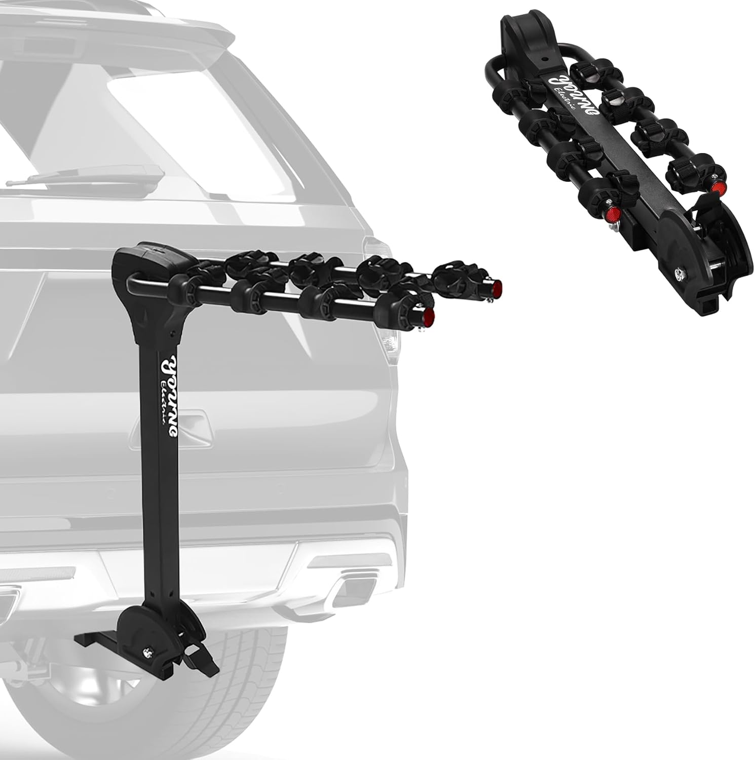 Young 4 Bike Rack Tilting Hitch Mounted with Convenient Pedal for Cars, SUVs and Trucks, Fits 1.25” and 2” Hitches, Carries 4 Bikes