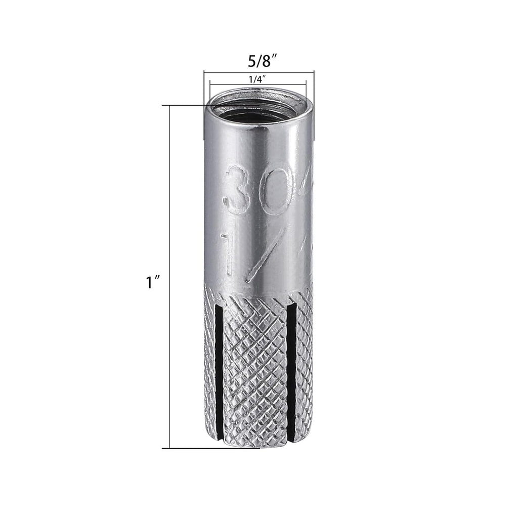 Wensilon(100 pcs) 1/4"-20 Premium Stainless Steel Drop in Anchors Assortment, Knurled Drop-in-Anchor for Solid Concrete, Internal Forced Expansion Screw Bolts