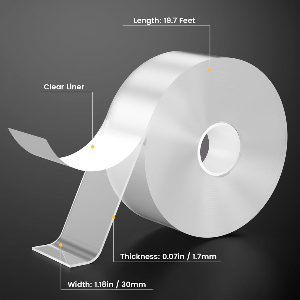 Double Sided Tape Heavy Duty Adhesive Tape Mounting Tape, Wall Sticky for Hanging, Nano Two Sided Tapes Strong Removable Wall Sticky Strips for Car, Home, Office - 19.7FT x 1.18IN