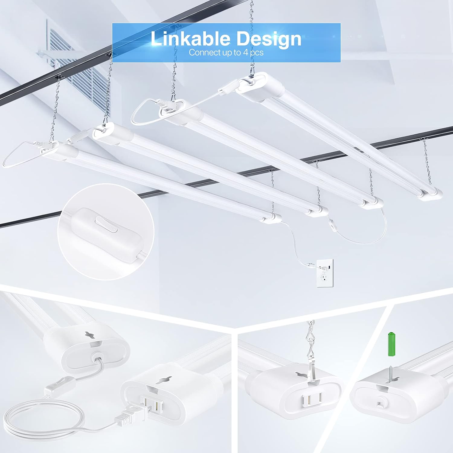 Ensenior 10 Pack Linkable Led Shop Light 4ft for Garage, 4400 High Lumens, 36W Equivalent 280W, 5000K Daylight, 48 Inch Utility shop led lights, Surface or Hanging Mount Fixtures, White, ETL Certified
