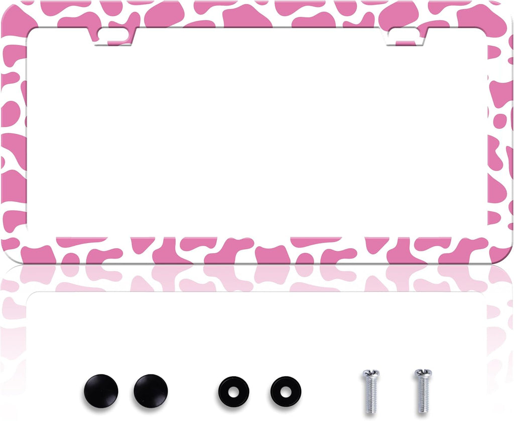 Pink Cow Print License Plate Frame Animal Texture License Plate Frames Personalise Stainless Steel Funny Design Compatible with Standard License Plate Holder for USA Canada 6 X 12 Inch with Screws
