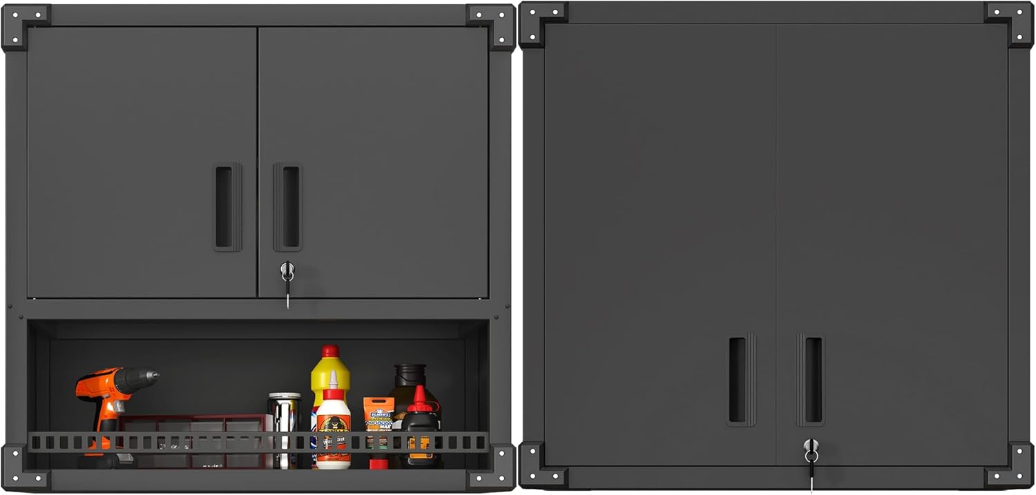 Metal Tool Cabinet,Garage Storage Cabinet System,Wall Cabinet & Locking Rolling Tool Cabinet with Doors and Adjustable Shelves,Steel Tool Cabinets for Home,Office (2 Pcs-StyleA, Black)