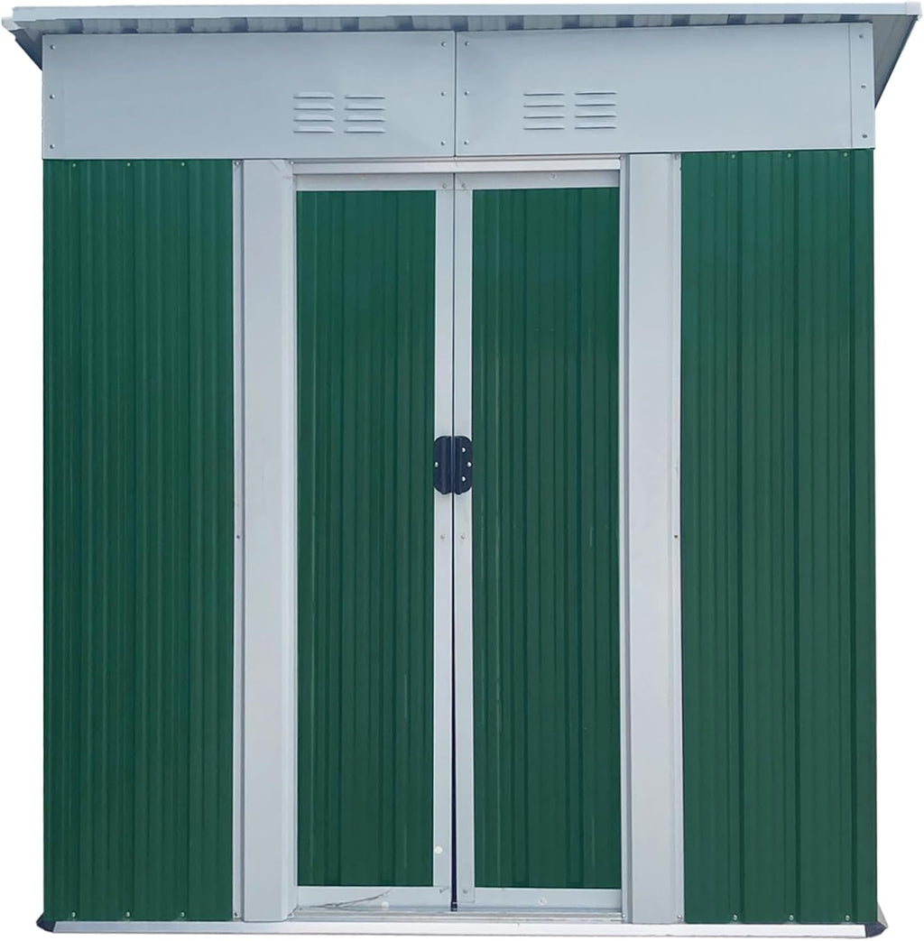 5x3 FT Outdoor Storage Shed with Sloping Roof, Waterproof Metal Garden Sheds w/Lockable Sliding Doors and Vents, Weather Resistant Tool Storage House for Backyard, Patio, Lawn, Green