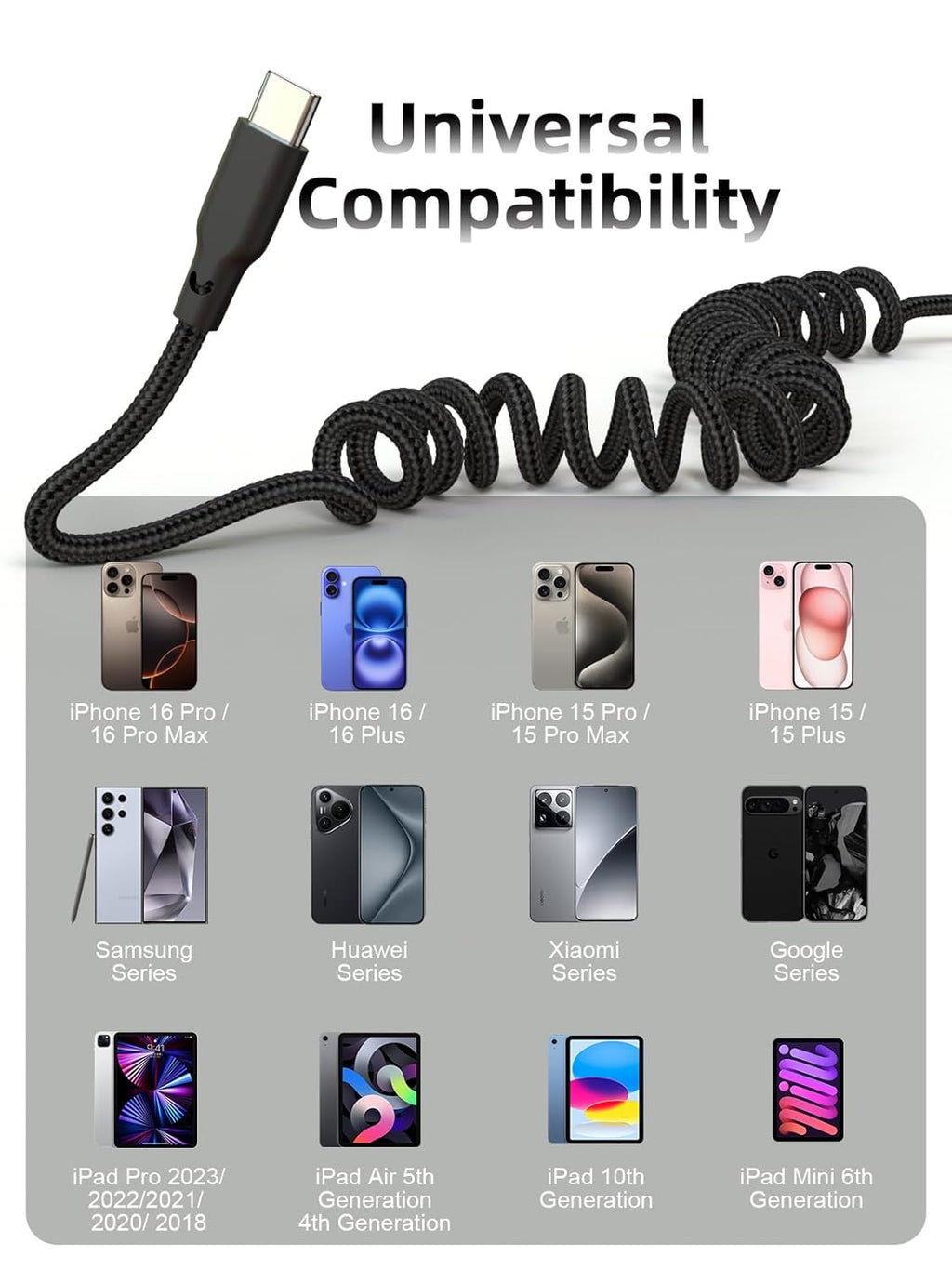 Car Carplay Cable 2Pack 3ft Coiled USB A to USB C Fast Charge Cord for iPhone 16/15/Plus/Pro Max/MacBook Pro, Auto Coiled Retractable iPhone Car Cord