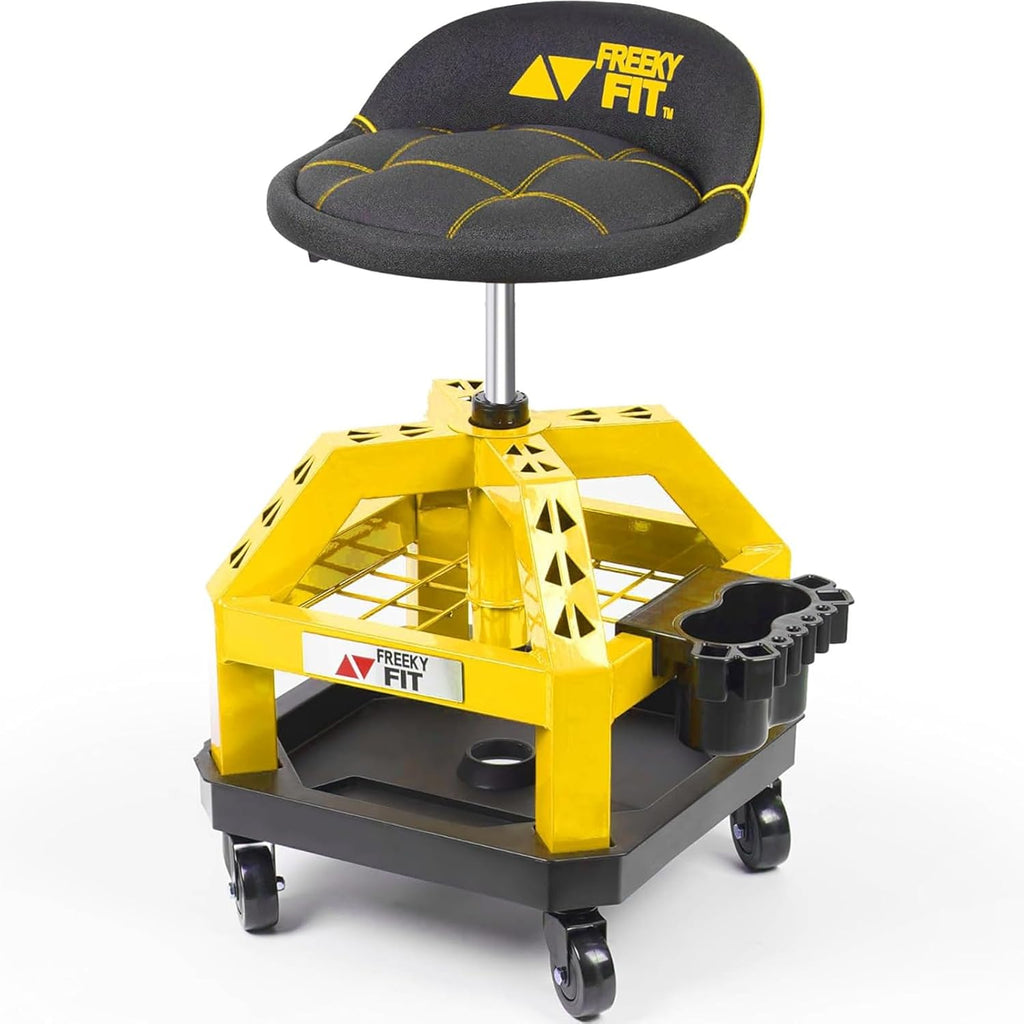 Rolling Shop Stool for Garage with Casters, DO02-Adjustable Height 360° Swivel Shop Seat with Tool Tray Storage, 330 LBS Capacity Padded Mechanic Stool, Yellow