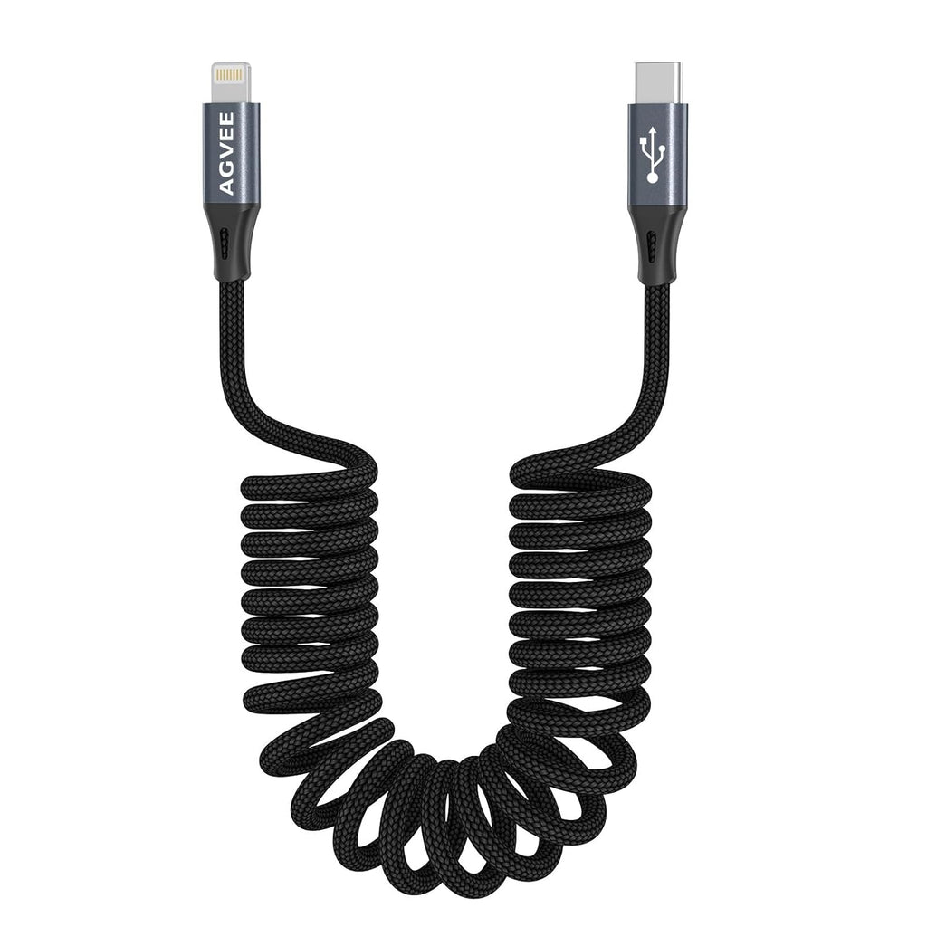 AGVEE 2 Pack 3ft Coiled Short USB-C to Lightning Charging Cable [MFI Certified] 30W PD Fast Charger Cord in Car for iPhone 14/13/12/11/XS/8/7/6/5 CarPlay, iPad, iPod, Dark Gray