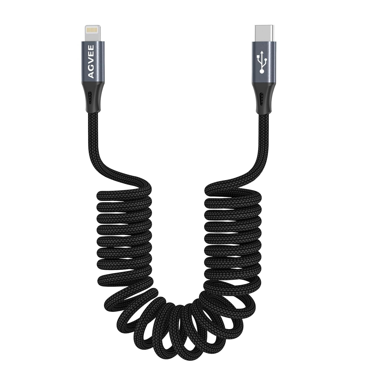 AGVEE 2 Pack 3ft Coiled Short USB-C to Lightning Charging Cable [MFI Certified] 30W PD Fast Charger Cord in Car for iPhone 14/13/12/11/XS/8/7/6/5 CarPlay, iPad, iPod, Dark Gray