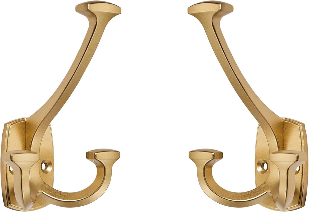 Large Wall Double-Sided Hook 5 Pack Gold Hook Decorative Heavy Duty Solid Large Coat Hooks for Towel Hanging Coats Robe Towel Bags Door Back 2 Prong Hooks