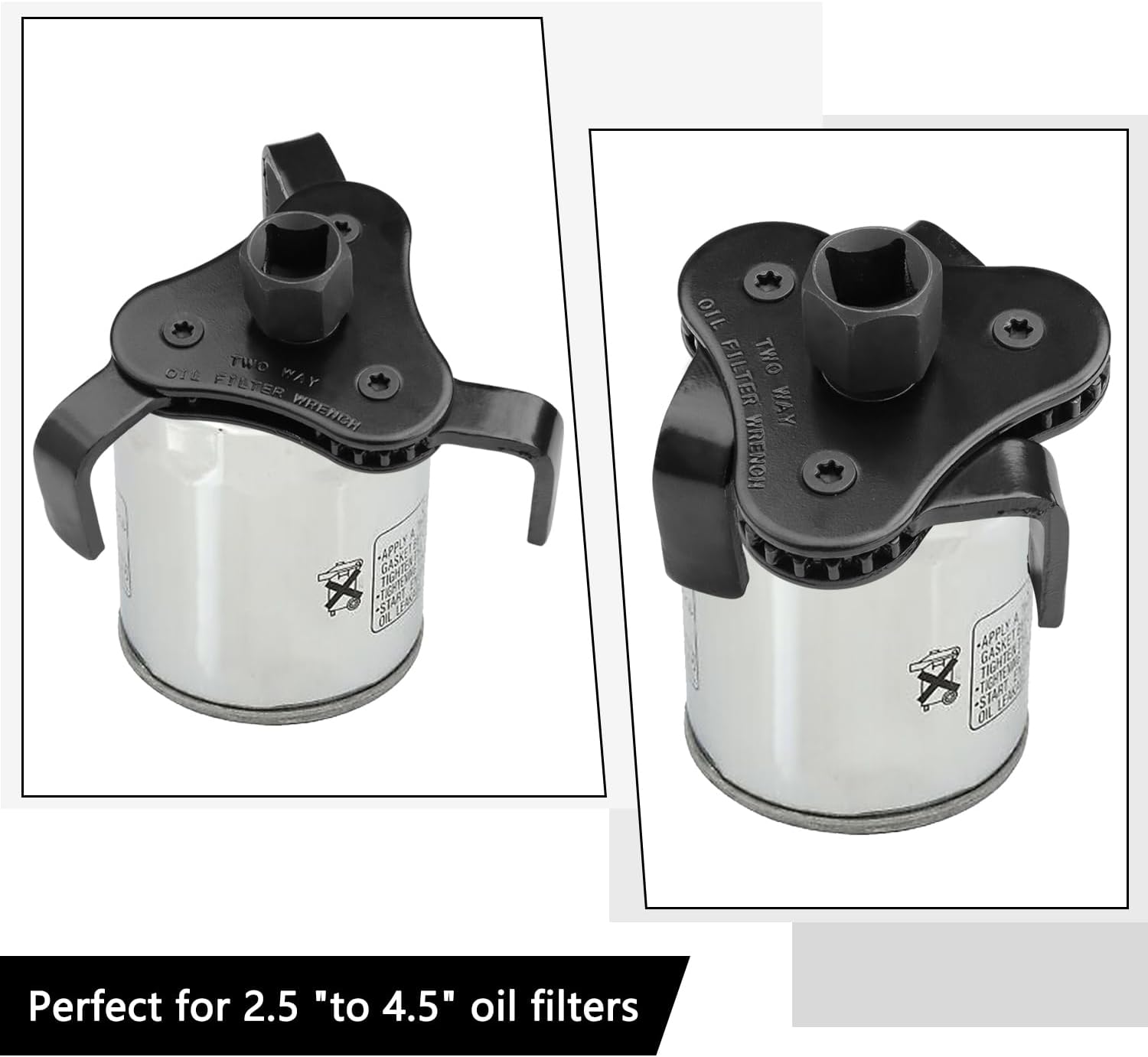 Universal Adjustable Oil Filter Wrench, Carbon Steel, Black, 1/2 & 3/8 Inch Square Drive Socket, 3-Jaw & 2-Way Design