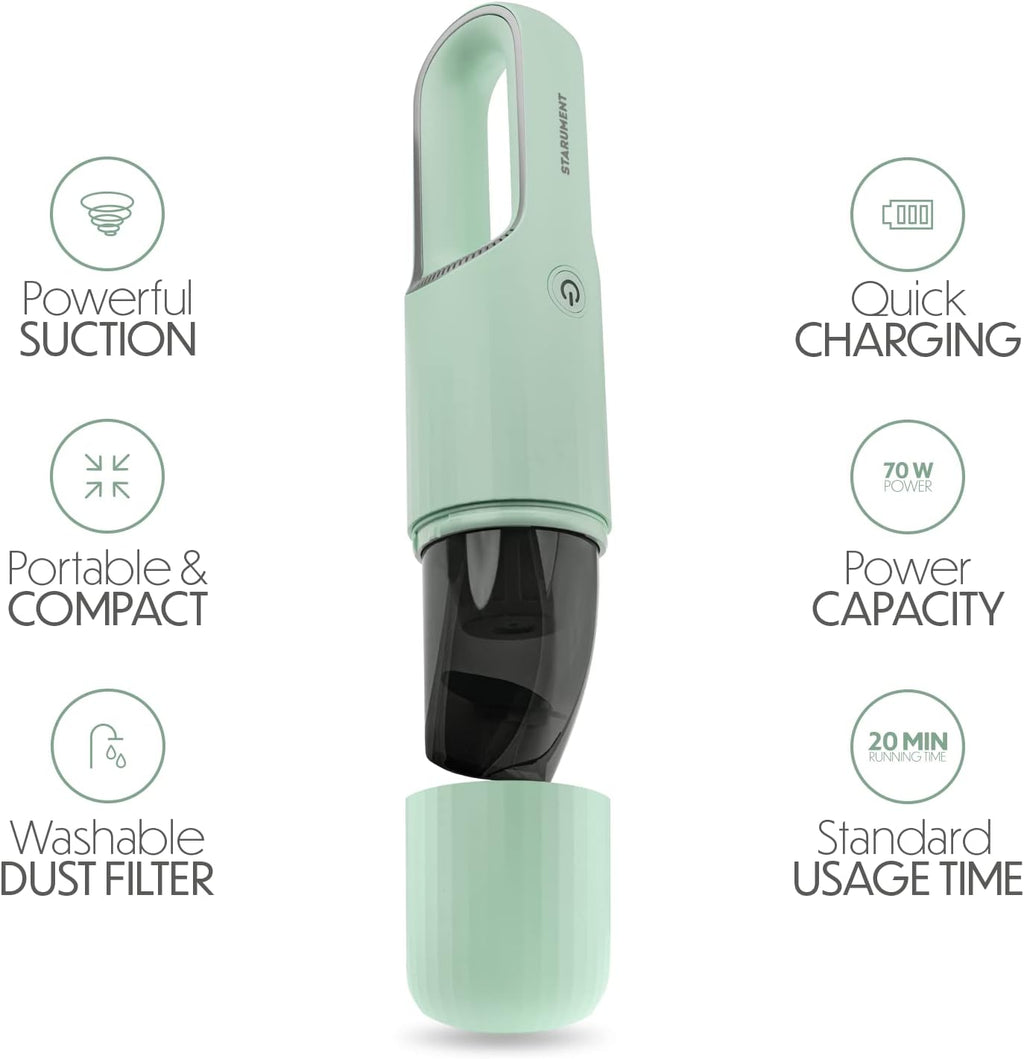STARUMENT Vacuum Cleaner for Dust, Pet Hair Dirt Home, Car Interior Lightweight, Portable, Handheld, Cordless, Easy to Use, Compact Design Battery Rechargeable with USB-C Cable (Mint Green)