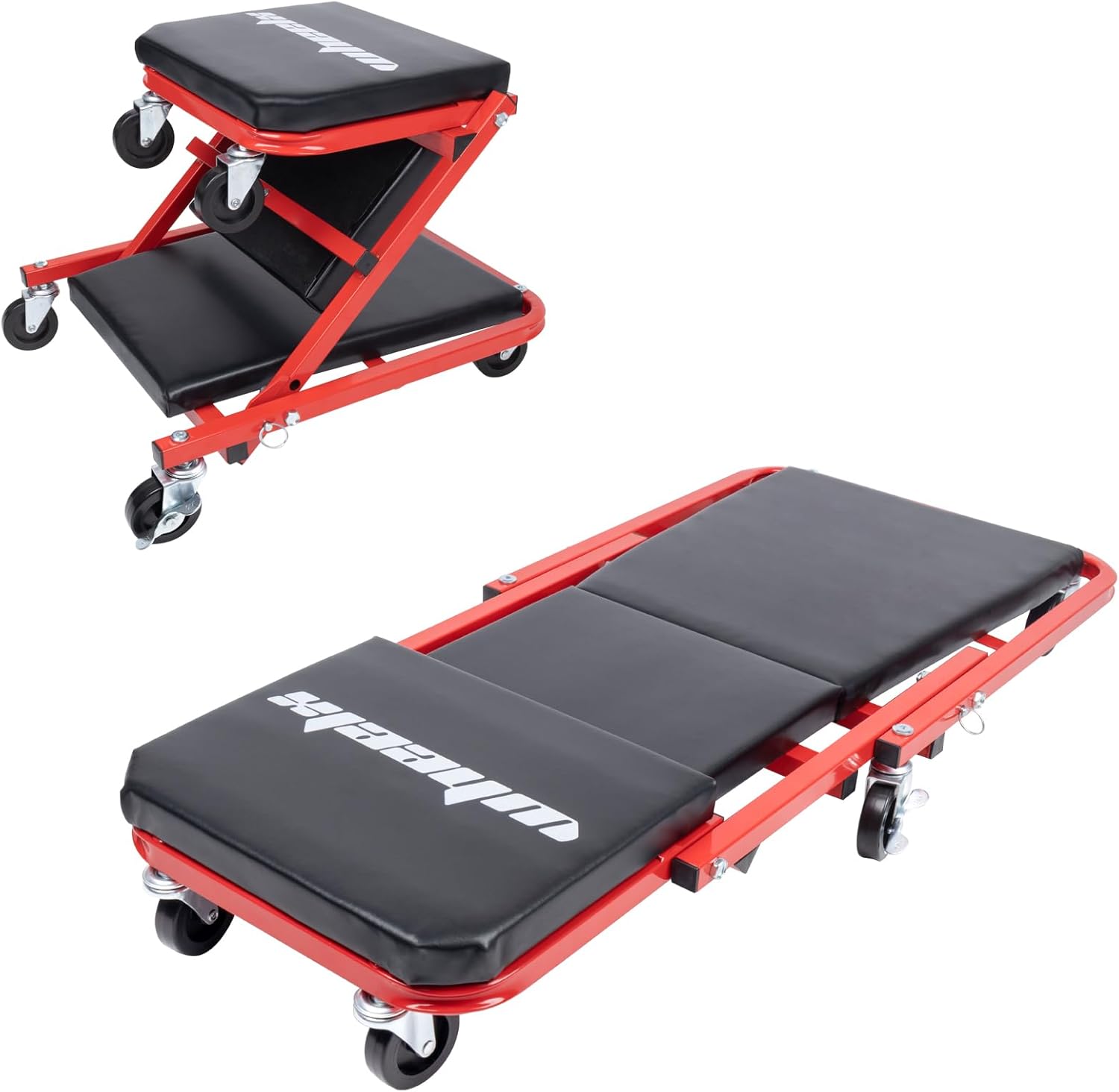 Mechanic Creeper 36 Inches 2-in-1 Z Seat with Brake, 340 lbs Capacity, Foldable Garage Chair Adjustable Rolling Folding with 6 pcs Wheels Roller, Lay Down or Sit Under Car Auto Repair Red Black