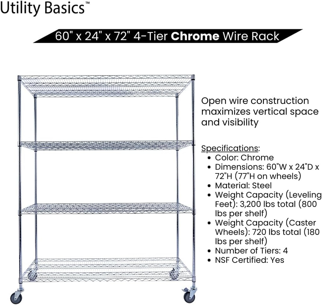 60"x24"x72" PREMIUM METAL STEEL 4-Tier Wire Shelving NSF 3200 LBS MAX Capacity Heavy Duty Storage Rack for Hospitals, Schools, Commercial Spaces, and Garages w/PREMIUM Wheels