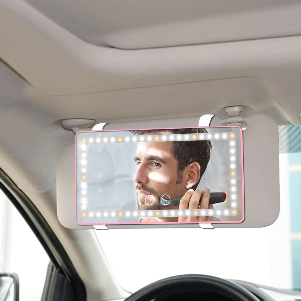 Car Sun Visor Vanity Mirror with 3 Light Modes & 80 LEDs - Dimmable Clip-on Rear View Sun-Shading Cosmetic Mirror with Touch on Screen, Universal for Truck SUV (Pink)