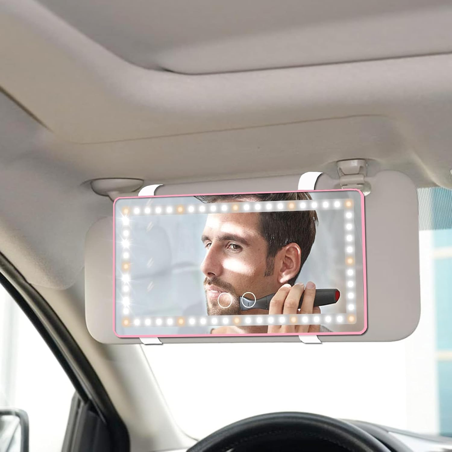 Car Sun Visor Vanity Mirror with 3 Light Modes & 80 LEDs - Dimmable Clip-on Rear View Sun-Shading Cosmetic Mirror with Touch on Screen, Universal for Truck SUV (Pink)