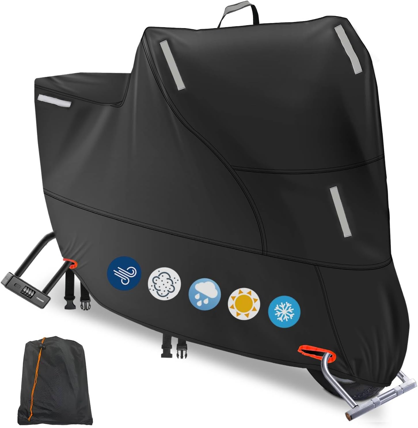 Motorbike Cover for Outside Storage, 300D Oxford Waterproof Motorcycle Scooter Moped Cover Outdoor with 5 Reflective Strips and 2 Windproof Buckles, 2 Lock-Holes and 1 Storage Bag (2XL: 94x35x49 inch)
