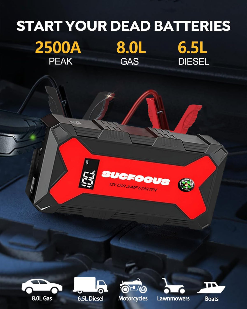 Car Battery Jump Starter, 2500A Battery Jumper Starter Portable (for 8.0L Gas or 7L Diesel Engine), Jump Box, Jump Start Battery Pack with Jumper Cables, LED Light, USB QC3.0 (Red)