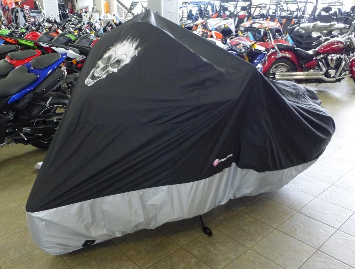 Formosa Covers | Motorcycle Cover, All Season Waterproof Outdoor Protection, Fit up to 108 Inch Tour Bikes, Choppers and Cruisers – Flaming Skull Logo (XXL, Black & Silver)