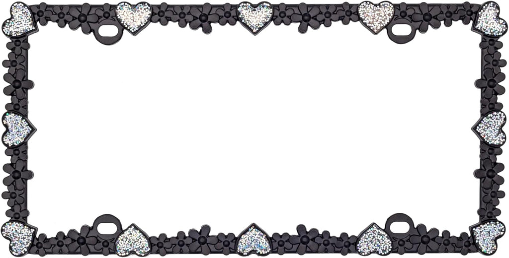 Creathome 3D Shining Daisy Heart License Plate Frame from Pure Zinc Alloy Metal Perfect Plate Holder, Matt Black with Silver Glitter Luminously Heart