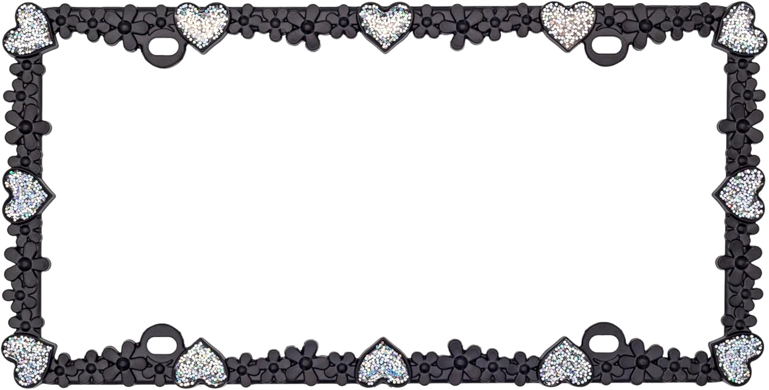 Creathome 3D Shining Daisy Heart License Plate Frame from Pure Zinc Alloy Metal Perfect Plate Holder, Matt Black with Silver Glitter Luminously Heart