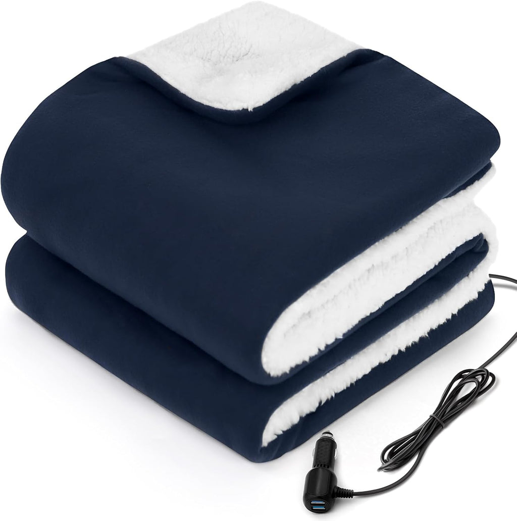 Sealy 12-Volt Heated Car Blanket with 2 USB Output Ports, 3 Heating Levels & 4 Hours Auto Off, Electric Blanket for Car, Truck, SUV, RV or Camping, Machine Washable, 59" X 43", Navy