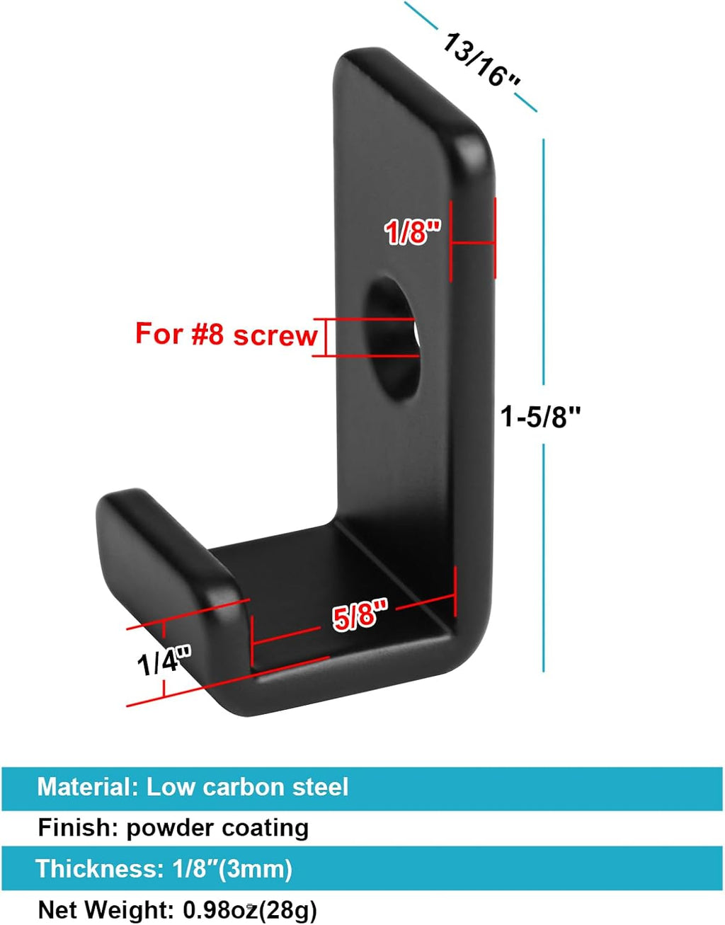 10 Pack Mini Black Steel Utility J Hook, Wall Mount Hanging Hook for Garage Storage, 1-5/8" Height, 5/8" Inner Width