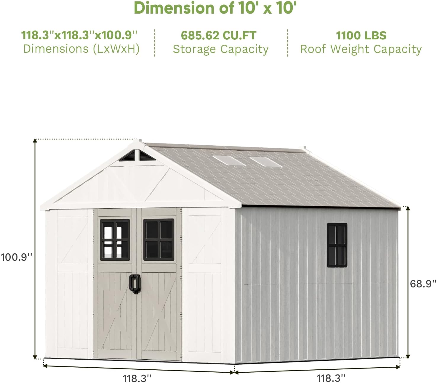 Patiowell 10x10 FT Outdoor Storage Shed, Plastic Shed with Floor and Skylight, Four-Window Resin Storage Shed with Lockable Door for Garden, Patio, Backyard, Beige