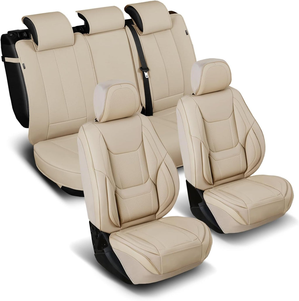 Coverland Custom Car Seat Covers Compatible with 2019-2025 RAM 1500 Crew Cab - Premium Leather Non-Slip Memory Foam Waterproof Cover Interior Protector Full Set-Beige [See Size Chart-Size X122]