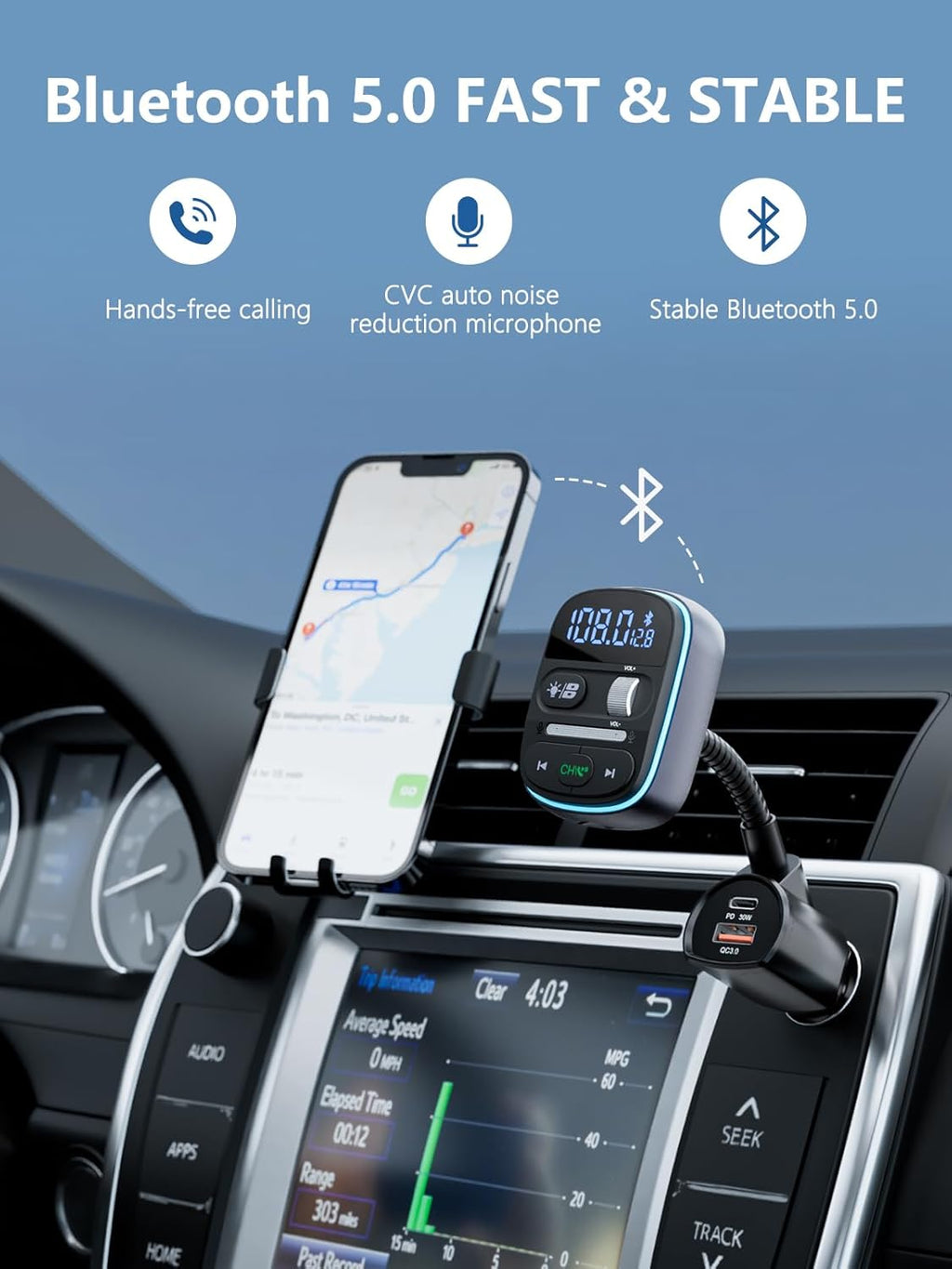 LENCENT Bluetooth FM Transmitter PD 30W, Bluetooth Car Adapter with QC3.0 Fast Charger, Hi-Fi Bass Music, Wireless Radio Receiver Hands-Free Calling, [Color Light]