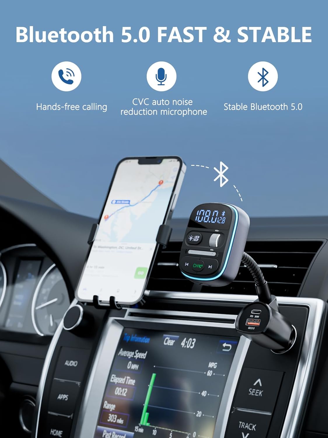 LENCENT Bluetooth FM Transmitter PD 30W, Bluetooth Car Adapter with QC3.0 Fast Charger, Hi-Fi Bass Music, Wireless Radio Receiver Hands-Free Calling, [Color Light]